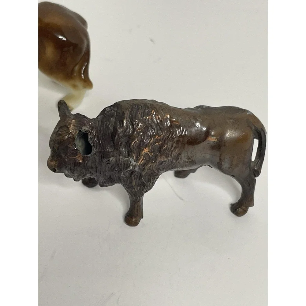 American Bison Buffalo Calf Miniature Figurine 2 Porcelain One Metal Brass? READ